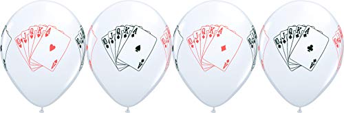 11" Casino Night Straight Flush 4 Sided Print White Latex Balloons 5 Count - Hearts, Diamonds, Clubs and Spades