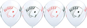 11" Casino Night Straight Flush 4 Sided Print White Latex Balloons 5 Count - Hearts, Diamonds, Clubs and Spades