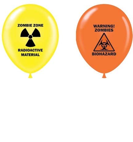 12 Zombie Party 11" Yellow Radioactive Material Zombie Zone and 11" Orange Biohazard Warning Zombies Print Latex Balloons