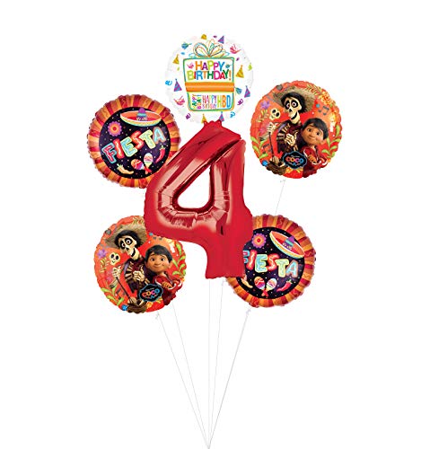 Coco Party Supplies 4th Birthday Fiesta Balloon Bouquet Decorations - Red Number 4