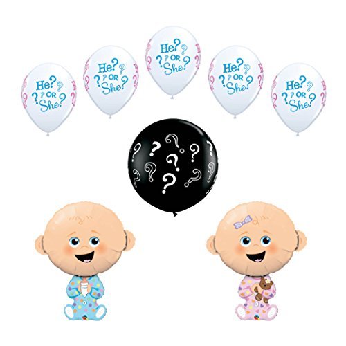 8 pc Gender Reveal Party Baby Shower Balloon Decoration Kit includes a 36 Inch Black ? Latex Reveal Balloon