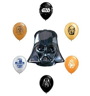 25" Darth Vader Helmet Foil Balloon and 6pc Star Wars 11" Character Print Latex Balloons Chewbacca, Darth Vader, C3PO, R2D2, BB8, Yoda
