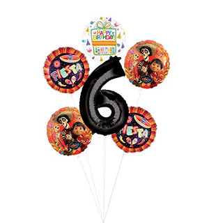 Coco Party Supplies 6th Birthday Fiesta Balloon Bouquet Decorations - Black Number 6