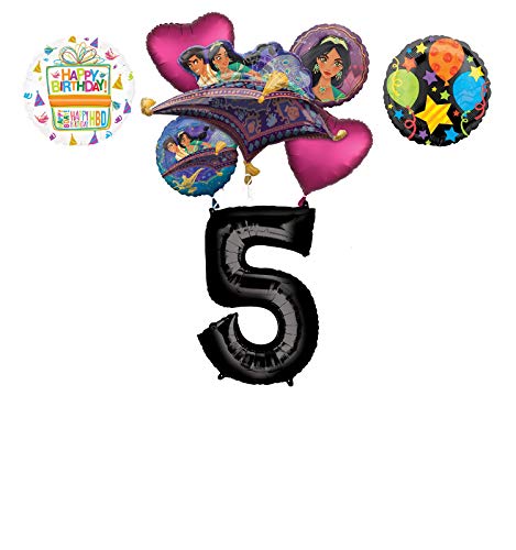 Mayflower Products Aladdin 5th Birthday Party Supplies Princess Jasmine Balloon Bouquet Decorations - Black Number 5