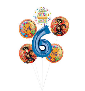 Coco Party Supplies 6th Birthday Fiesta Balloon Bouquet Decorations - Blue Number 6
