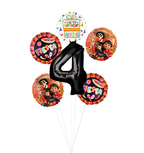 Coco Party Supplies 4th Birthday Fiesta Balloon Bouquet Decorations - Black Number 4