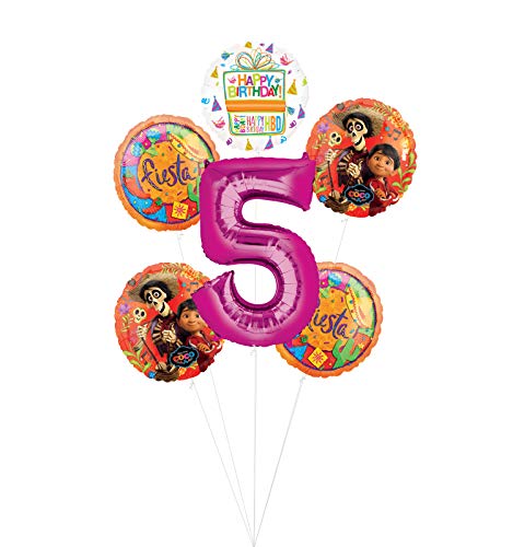 Coco Party Supplies 5th Birthday Fiesta Balloon Bouquet Decorations - Pink Number 5