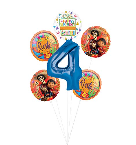 Coco Party Supplies 4th Birthday Fiesta Balloon Bouquet Decorations - Blue Number 4