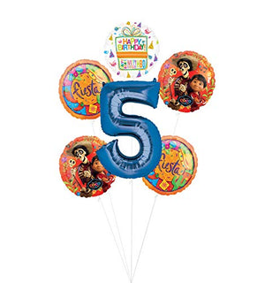 Coco Party Supplies 5th Birthday Fiesta Balloon Bouquet Decorations - Blue Number 5
