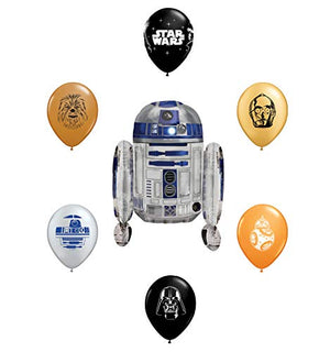 26" R2-D2 Foil Balloon and 6pc Star Wars 11" Character Print Latex Balloons Chewbacca, Darth Vader, C3PO, R2D2, BB8, Yoda