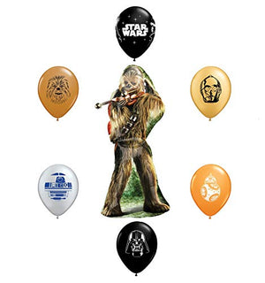 36" Chewbacca Foil Balloon and 6pc Star Wars 11" Character Print Latex Balloons Chewbacca, Darth Vader, C3PO, R2D2, BB8, Yoda
