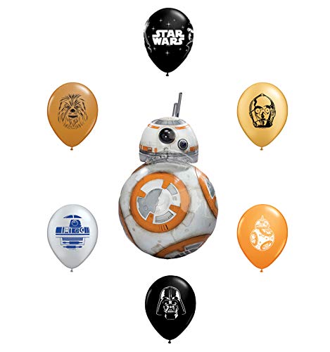 33" BB8 Foil Balloon and 6pc Star Wars 11" Character Print Latex Balloons Chewbacca, Darth Vader, C3PO, R2D2, BB8, Yoda