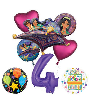 Mayflower Products Aladdin 4th Birthday Party Supplies Princess Jasmine Balloon Bouquet Decorations - Purple Number 4