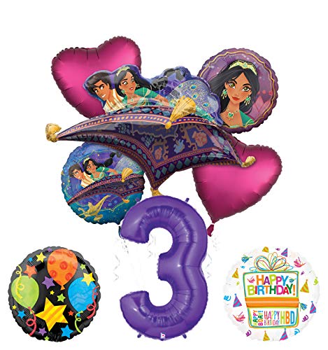 Mayflower Products Aladdin 3rd Birthday Party Supplies Princess Jasmine Balloon Bouquet Decorations - Purple Number 3