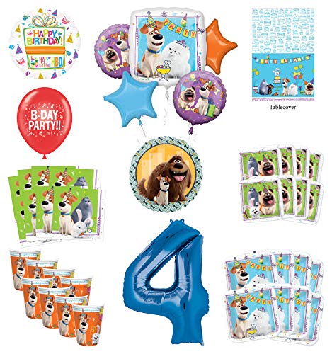 Secret Life of Pets 4th Birthday Party Supplies 8 Guest kit and Balloon Bouquet Decorations - Blue Number 4