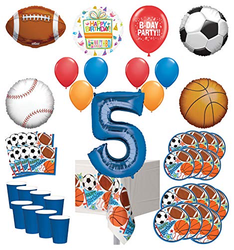 Mayflower Products Sports Theme 5th Birthday Party Supplies 8 Guest Entertainment kit and Balloon Bouquet Decorations - Blue Number 5
