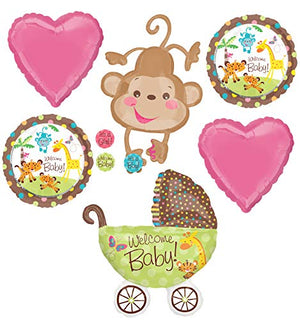 Mayflower Products Jungle Safari Welcome Baby Girl Shower Party Supplies Buggy and Monkey Balloon Bouquet Decorations