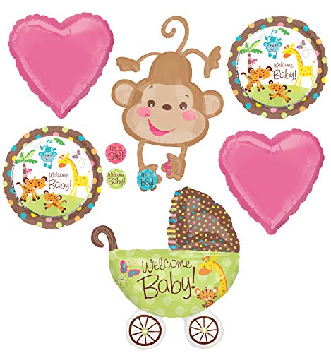 Mayflower Products Jungle Safari Welcome Baby Girl Shower Party Supplies Buggy and Monkey Balloon Bouquet Decorations