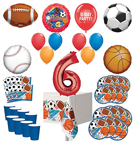 Mayflower Products Sports Theme 6th Birthday Party Supplies 8 Guest Entertainment kit and Balloon Bouquet Decorations - Red Number 6