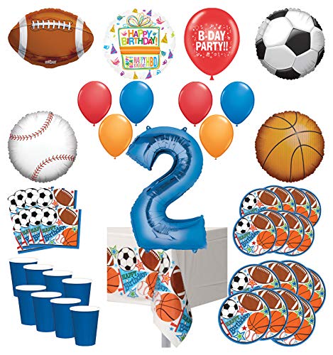 Mayflower Products Sports Theme 2nd Birthday Party Supplies 8 Guest Entertainment kit and Balloon Bouquet Decorations - Blue Number 2