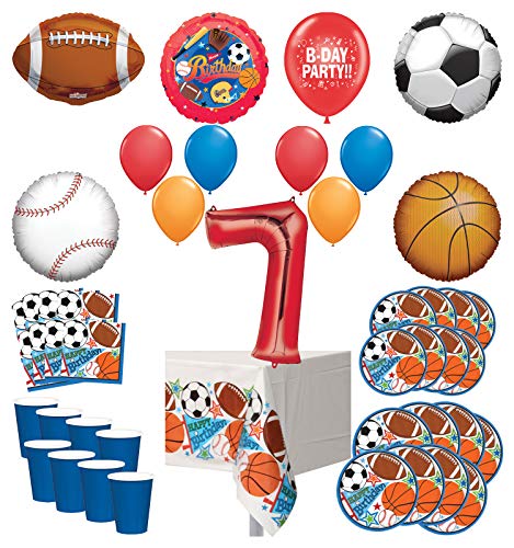 Mayflower Products Sports Theme 7th Birthday Party Supplies 8 Guest Entertainment kit and Balloon Bouquet Decorations - Red Number 1