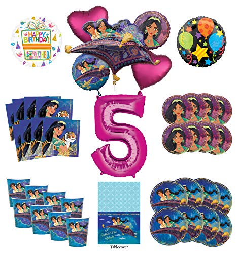 Mayflower Products Aladdin and Princess Jasmine 5th Birthday Party Supplies 8 Guest Decoration Kit and Balloon Bouquet - Pink Number 5