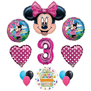 Minnie Mouse 3rd Birthday Party Supplies and Pink Bow 13 pc Balloon Decorations