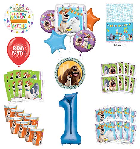 Secret Life of Pets 1st Birthday Party Supplies 8 Guest kit and Balloon Bouquet Decorations - Blue Number 1