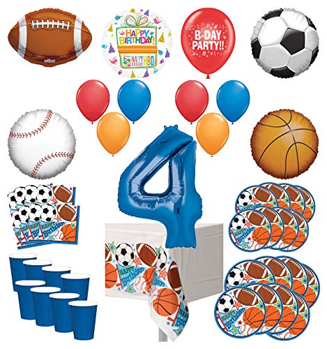Mayflower Products Sports Theme 4th Birthday Party Supplies 8 Guest Entertainment kit and Balloon Bouquet Decorations - Blue Number 4