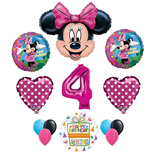 Minnie Mouse 4th Birthday Party Supplies and Pink Bow 13 pc Balloon Decorations