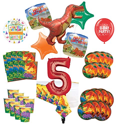 Mayflower Products Dinosaur 5th Birthday Party Supplies 8 Guest Decoration Kit and Prehistoric T-Rex Balloon Bouquet