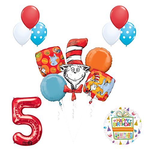 13 pc Dr Seuss Cat in the Hat 5th Birthday Party Balloon Supplies and Decorations