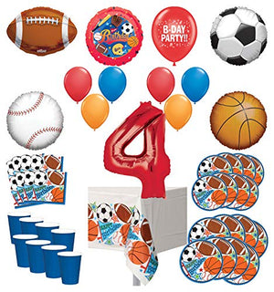 Mayflower Products Sports Theme 4th Birthday Party Supplies 8 Guest Entertainment kit and Balloon Bouquet Decorations - Red Number 4
