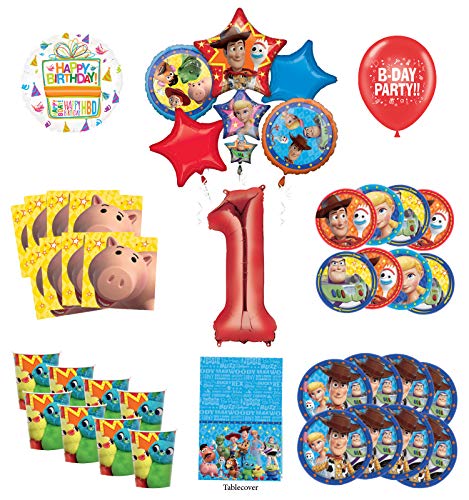 Toy Story 1st Birthday Party Supplies 16 Guest Decoration Kit with Woody, Buzz Lightyear and Friends Balloon Bouquet