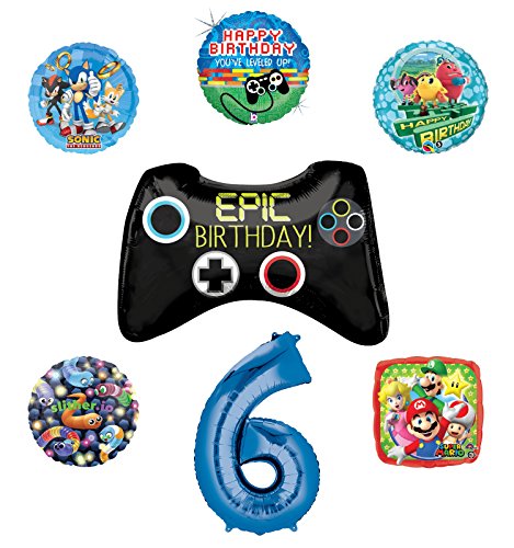 Video Gamers 6th Birthday Party Supplies and Balloon Decorations (Sonic, Super Mario, Pac Man and Slither.io)