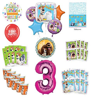 Secret Life of Pets 3rd Birthday Party Supplies 8 Guest kit and Balloon Bouquet Decorations - Pink Number 3