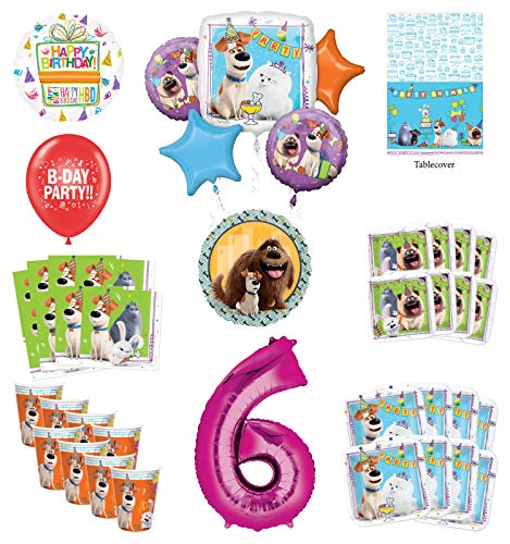 Secret Life of Pets 6th Birthday Party Supplies 8 Guest kit and Balloon Bouquet Decorations - Pink Number 6