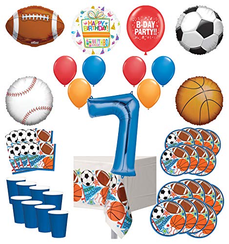 Mayflower Products Sports Theme 7th Birthday Party Supplies 8 Guest Entertainment kit and Balloon Bouquet Decorations - Blue Number 7