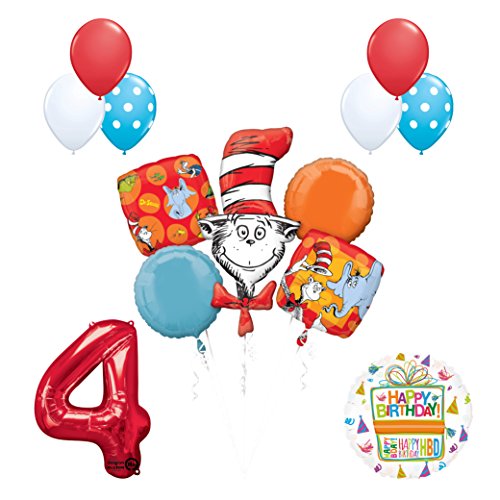 13 pc Dr Seuss Cat in the Hat 4th Birthday Party Balloon Supplies and Decorations