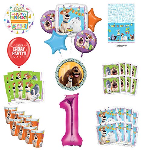 Secret Life of Pets 1st Birthday Party Supplies 8 Guest kit and Balloon Bouquet Decorations - Pink Number 1