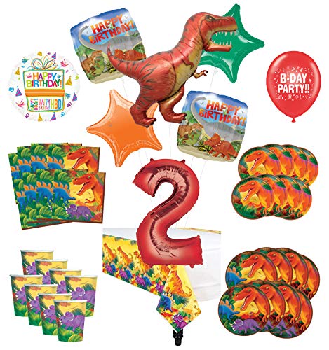 Mayflower Products Dinosaur 2nd Birthday Party Supplies 8 Guest Decoration Kit and Prehistoric T-Rex Balloon Bouquet