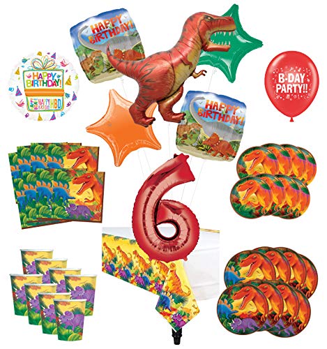 Mayflower Products Dinosaur 6th Birthday Party Supplies 8 Guest Decoration Kit and Prehistoric T-Rex Balloon Bouquet