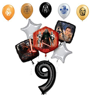 Star Wars 9th Birthday Party Supplies Foil Balloon Bouquet Decorations with 5pc Star Wars 11" Character Print Latex Balloons Chewbacca, Darth Vader, C3PO, R2D2 and BB8