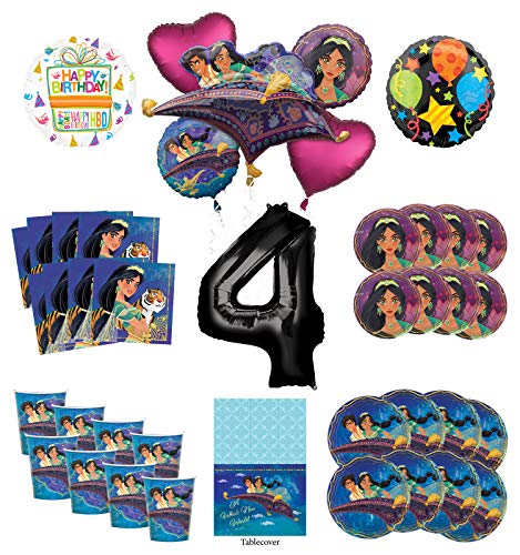 Mayflower Products Aladdin and Princess Jasmine 4th Birthday Party Supplies 8 Guest Decoration Kit and Balloon Bouquet - Black Number 4