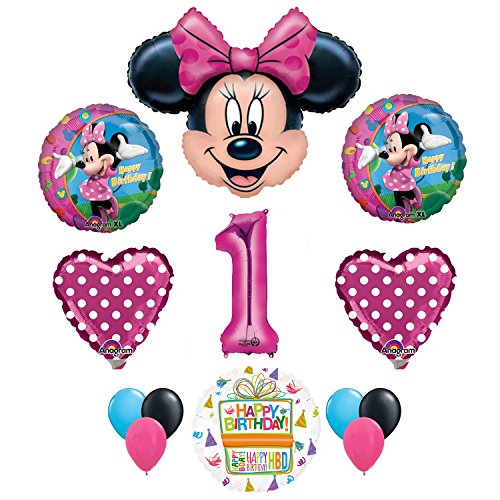 Minnie Mouse 1st Birthday Party Supplies and Pink Bow 13 pc Balloon Decorations