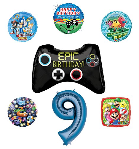 Video Gamers 9th Birthday Party Supplies and Balloon Decorations (Sonic, Super Mario, Pac Man and Slither.io)
