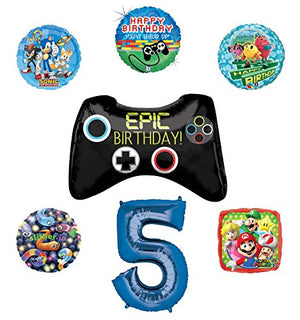 Video Gamers 5th Birthday Party Supplies and Balloon Decorations (Sonic, Super Mario, Pac Man and Slither.io)