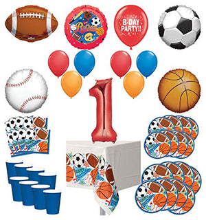 Mayflower Products Sports Theme 1st Birthday Party Supplies 8 Guest Entertainment kit and Balloon Bouquet Decorations - Red Number 1