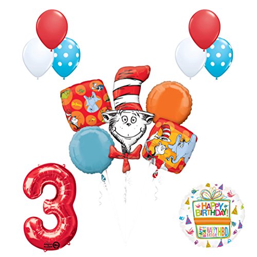 13 pc Dr Seuss Cat in the Hat 3rd Birthday Party Balloon Supplies and Decorations