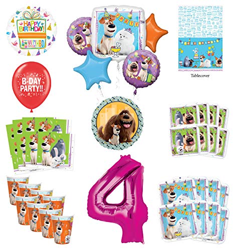 Secret Life of Pets 4th Birthday Party Supplies 8 Guest kit and Balloon Bouquet Decorations - Pink Number 4